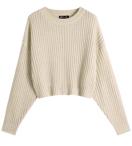 Ckikiou Spring Fall Crew Neck Batwing Cropped Sweater for Women